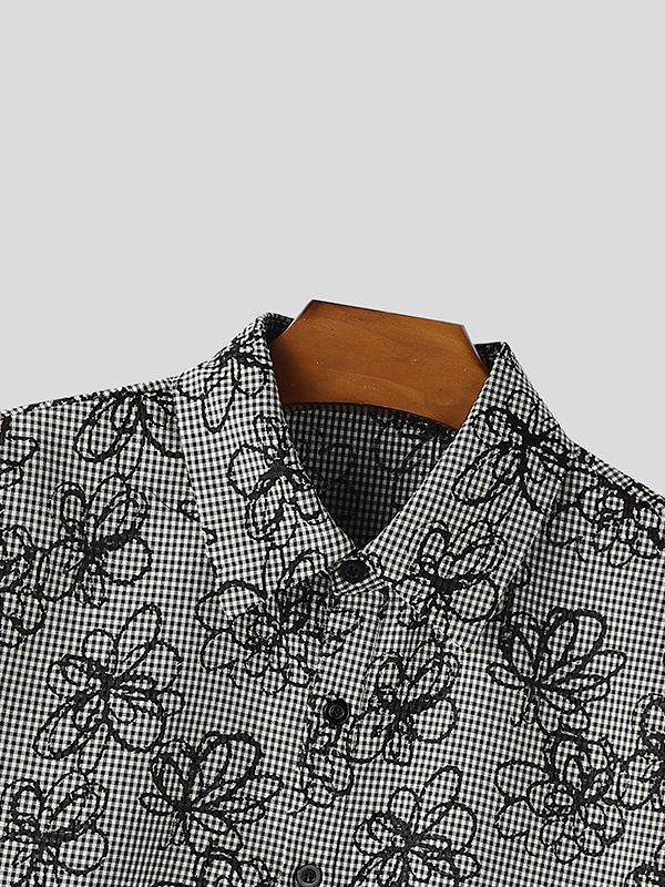 Men's Floral Print Plaid Short Sleeve Shirt SKUL51064