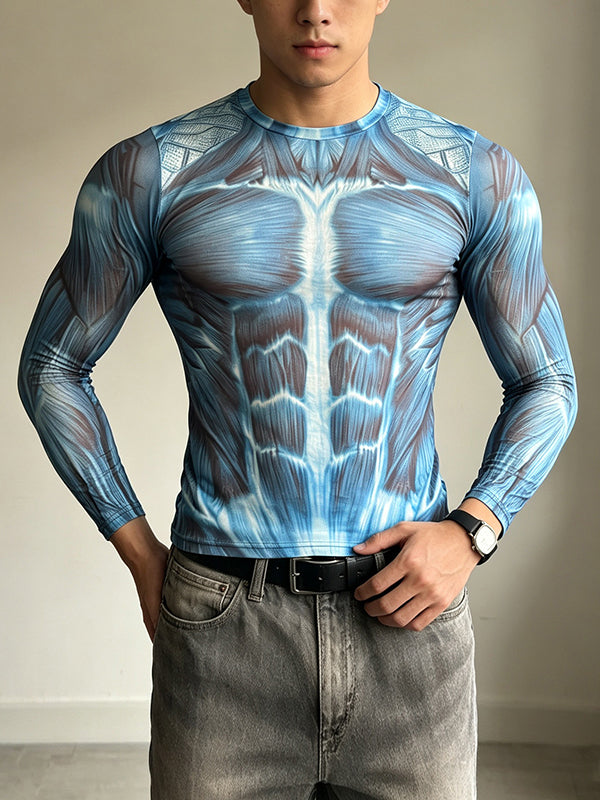 Men's Avant-Garde Party 3D Muscle Print Tight Fit Long Sleeve Round Neck T-shirt SKUL81070