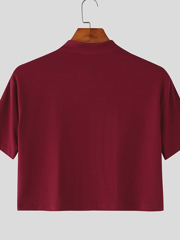 Men's Solid Color Stand Collar Cropped Short Sleeve T-shirt SKUL50078