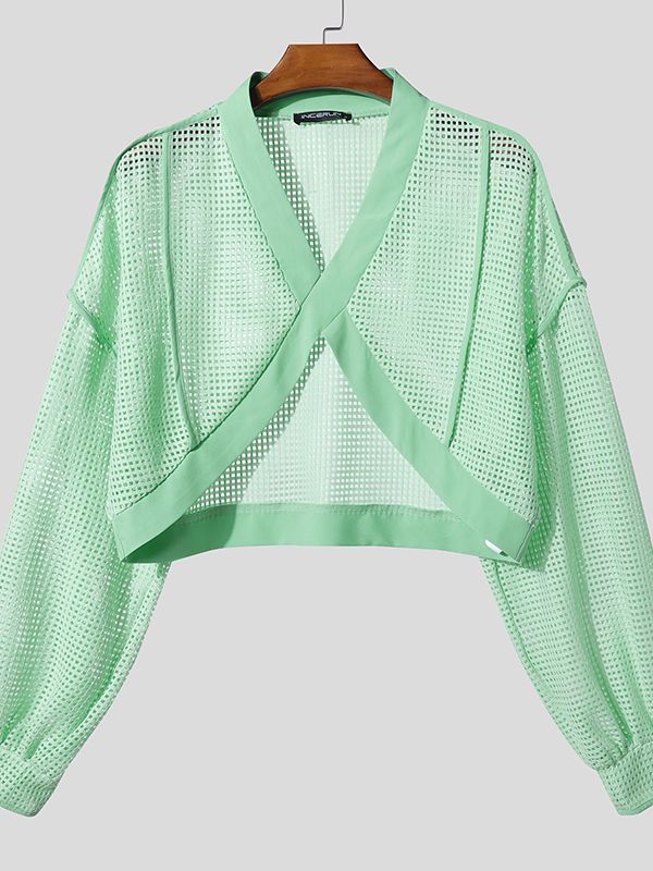 Men's Hollow Mesh Cropped Long Sleeve T-shirt SKUL46551