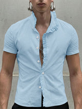 Men's Solid Color Ruffle Patchwork Short Sleeve Shirt SKUL57656