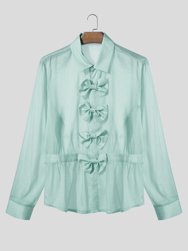 Men's Bow Patchwork Sheer Long Sleeve Shirt SKUL25105