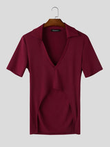 Men's Solid Color Textured Lapel Short Sleeve Shirt SKUL57814
