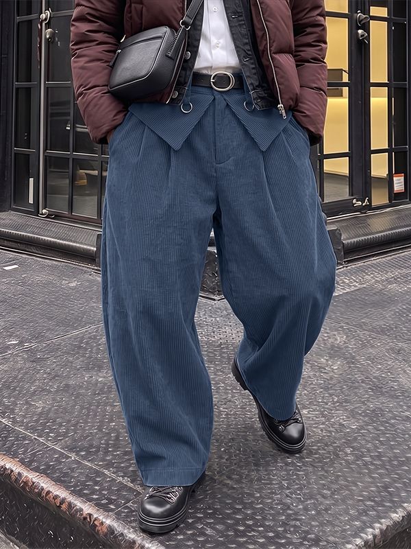 Men's Japanese Streetwear Fold-Over Waist Corduroy Baggy Balloon Pant SKUL79042
