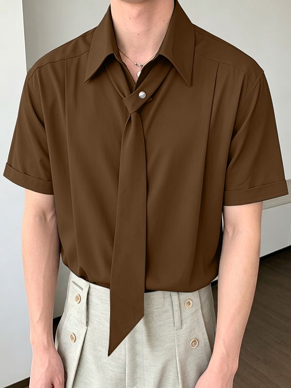Men's Elegant Smart Casual Solid Color Attached Tie Short Sleeve Shirt SKUL77333