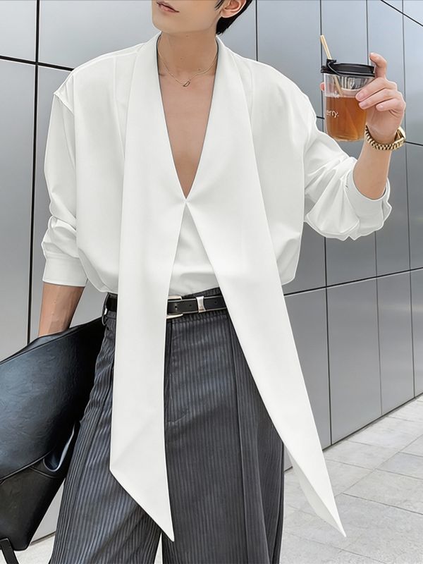 Men's Solid Color Ribbon Collar Long Sleeve Shirt SKUL56059