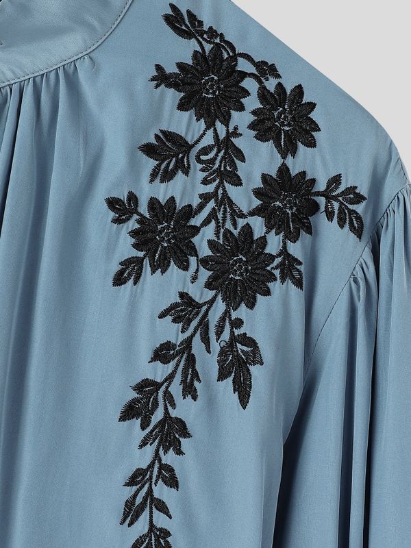 Men's Retro Contrast Floral Embroidery Keyhole Cutout Bishop Long Sleeve Stand Collar Shirt SKUL81112