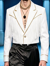 Men's Avant-Garde Runway Western Fringe Gold Piping Single Button Long Sleeve Cropped Blazer SKUL81155