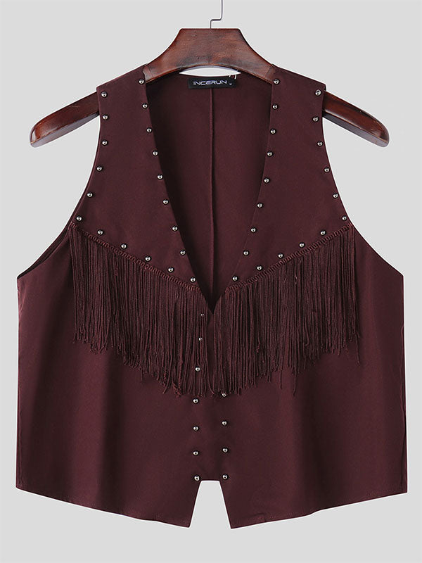 Mens Solid Color Fringe-Trimmed Sleeveless Tank SKUK97853