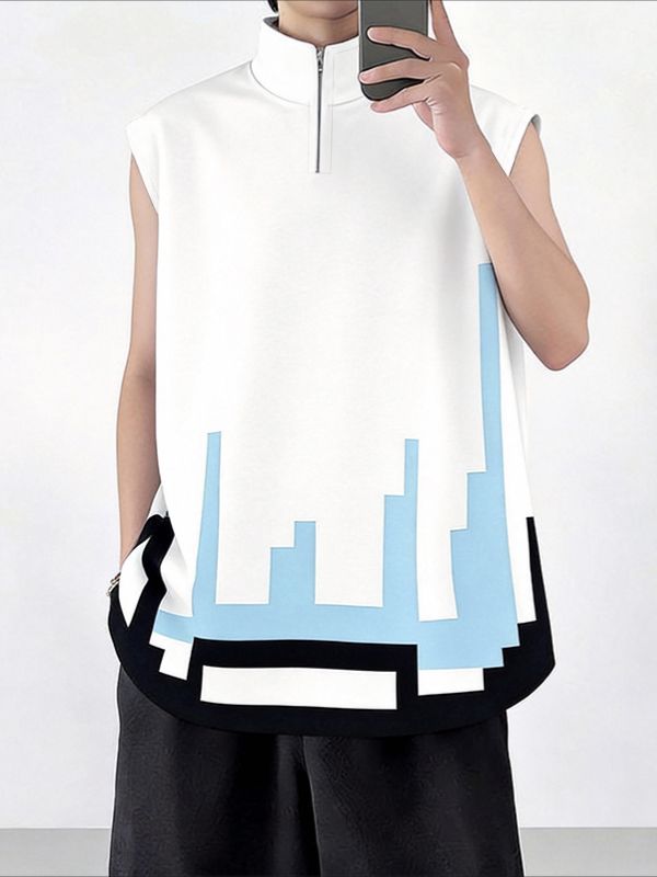Men's Avant-Garde Pixelated Digital Graphic Quarter-Zip Tank SKUL61164
