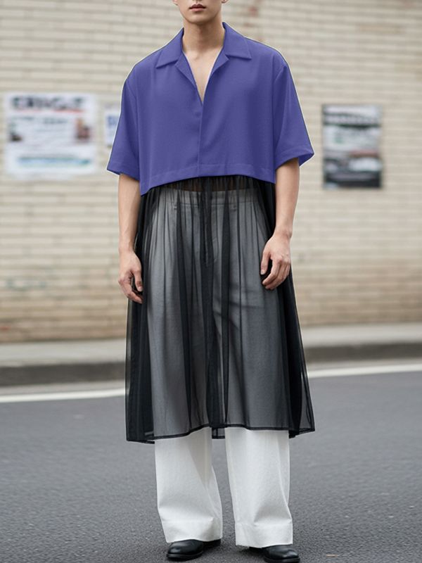 Men's Sheer Mesh Patchwork Short Sleeve Cardigan SKUL49877