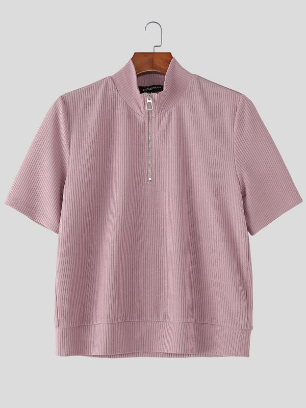 Men's Solid Color Textured Zip Short Sleeve T-shirt SKUL54063