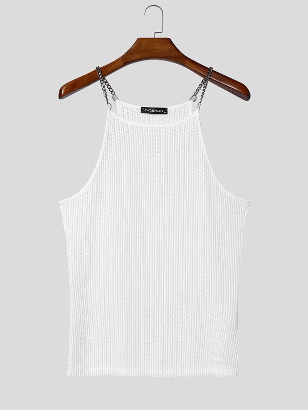 Men's Clubwear Metal Chain Strap Sheer Mesh Zigzag Knit Square Neck Slim Fit Tank SKUL68396