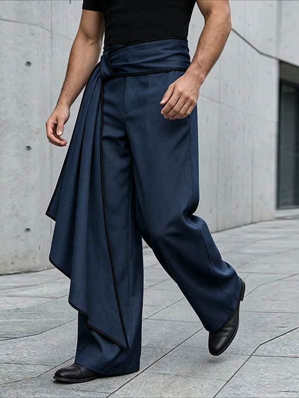 Men's Avant-Garde Asymmetric Draped Sash Tie Wide Leg Oversized Pant SKUL66939