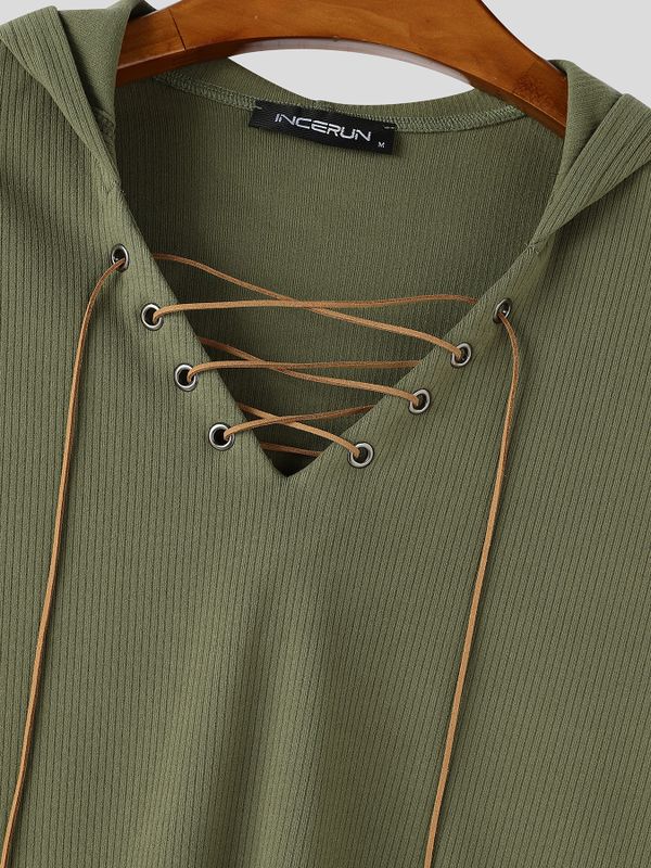 Men's Early Autumn High Street Grommet Drawstring Rib-Knit Long Sleeve T-shirt SKUL81819