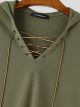 Men's Early Autumn High Street Grommet Drawstring Rib-Knit Long Sleeve T-shirt SKUL81819