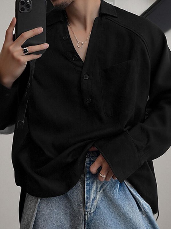 Men's Solid Color Small V Neck Long Sleeve Shirt SKUL35254