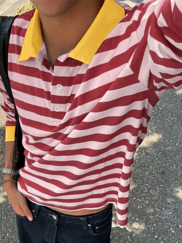 Men's Striped Contrast Turn Down Collar Long Sleeve Shirt SKUL50980