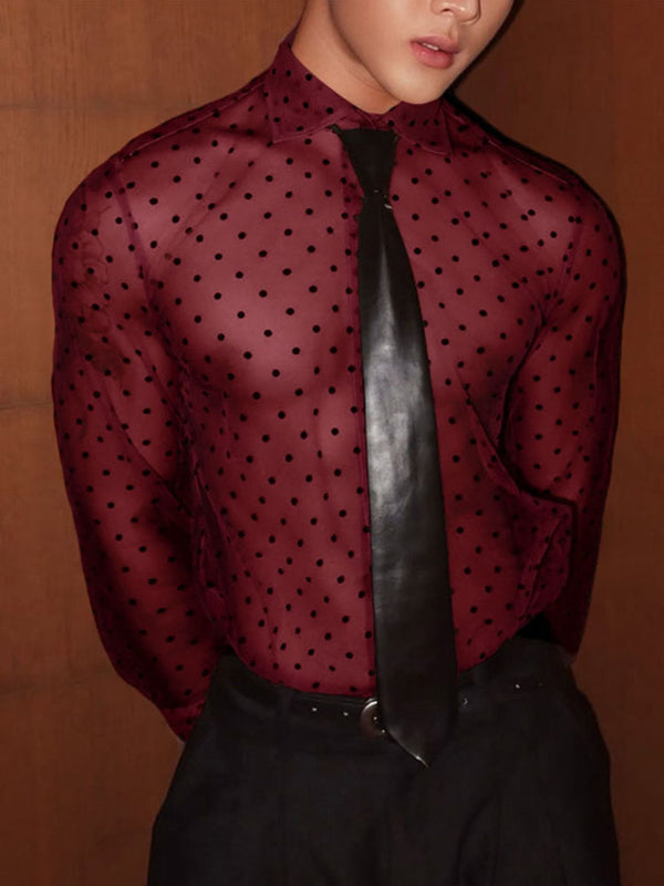 Men's Sheer Mesh Polka Dot Print Long Sleeve Shirt SKUL20217