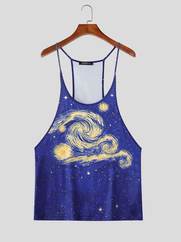 Men's High-Street Artistic Van Gogh "Starry Night" Print Deep U-Neck Tank SKUL60112