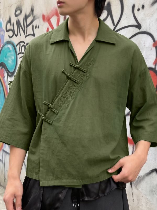 Men's Modern Chinese Kung Fu Aesthetic Frog Button Wide Half Sleeve Shirt SKUL57690