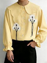 Men's Floral Print Striped Asymmetric Collar Long Sleeve Shirt SKUL50834