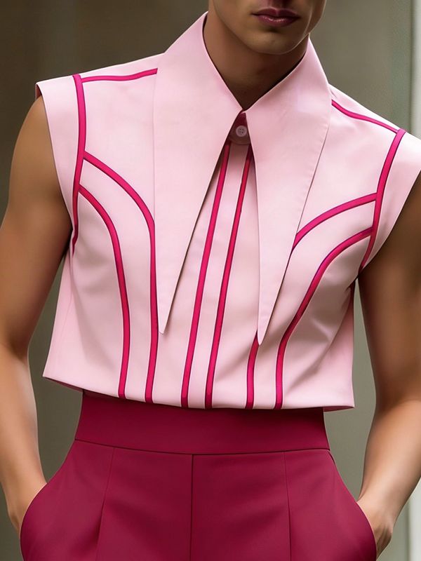 Men's Avant-Garde Futuristic Pointed Collar Colorblock Piping Sleeveless Shirt SKUL66063