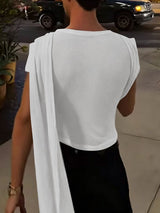 Men's Avant-Garde Party Draped Shoulder Sash Ruched Short Sleeve Round Neck T-shirt SKUL68400