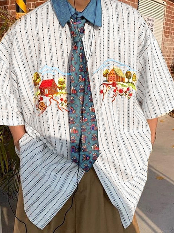 Mens Cartoon Print Striped Short Sleeve Shirt SKUK96994