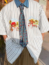 Mens Cartoon Print Striped Short Sleeve Shirt SKUK96994