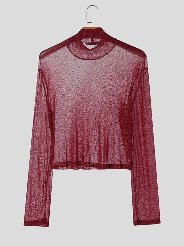 Men's Party Style Shiny Cropped Long Sleeve T-Shirt SKUL37694