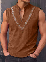 Men's Retro Resort Floral Print Faux Suede Split V-Neck Sleeveless Stand Collar Shirt SKUL78247