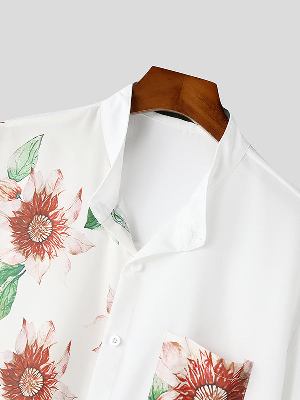 Mens Floral Print Patchwork Stand Collar Shirt SKUK23612