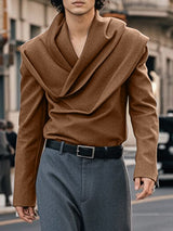 Men's Solid Color Draped Collar Long Sleeve Shirt SKUL36353