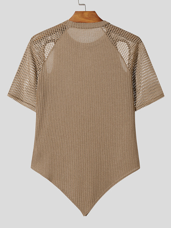 Men's Grid Mesh Patchwork Knit Short Sleeve T-Shirt SKUL22773