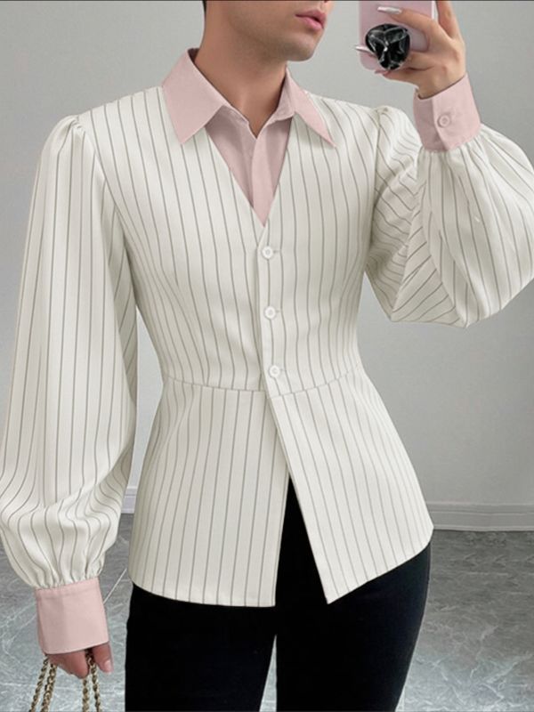 Men's Striped Color Block Cinched Waist Long Sleeve Shirt SKUL41383