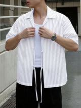 Men's Lace Up Patchwork Striped Short Sleeve Shirt SKUL39009