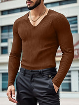 Men's Solid Color Textured V Neck Long Sleeve T-shirt SKUL47617
