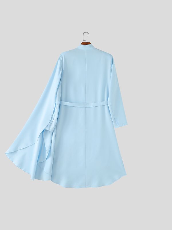 Men's Avant-Garde Runway Asymmetrical Cape Cloak Tiered Layered Hem Belted Long Sleeve Stand Collar Blazer SKUL78341