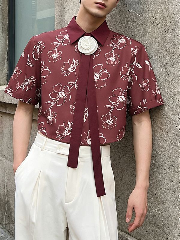 Men's 3D Floral Tie Front Short Sleeve Shirt SKUL55364