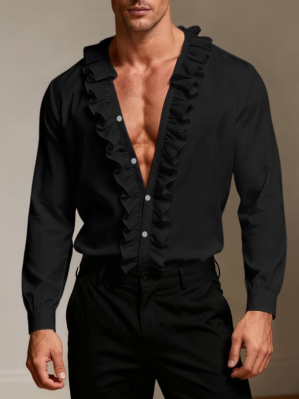 Men's Solid Color Ruffle V-Neck Long Sleeve Shirt SKUL50528