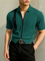Men's Solid Color Textured Zipper Short Sleeve T-shirt SKUL46018