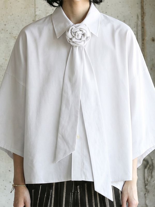 Men's Romantic Avant-Garde Rose Brooch Wide Tie Neck Half Sleeve Shirt SKUL64070