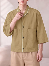 Men's Early Autumn Urban Casual Piped Edge Button Down Wide 3/4 Sleeve Lapel Collar Shirt SKUL81910