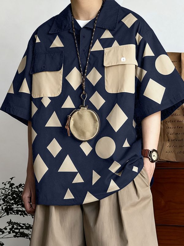 Men's Diamond Print Contrast Color Short Sleeve Shirt SKUL40099