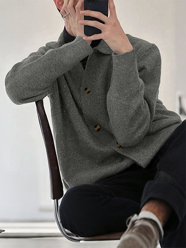 Men's Solid Knit Lapel Long Sleeve Cardigan SKUL28234