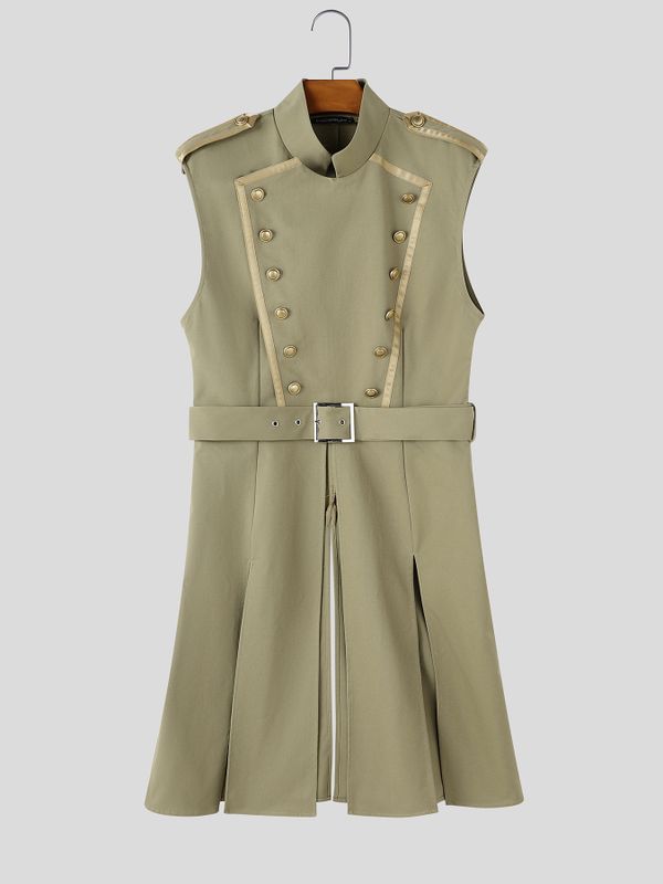 Men's Avant-Garde Retro Military Epaulet Double Breasted Knee Length Sleeveless Mandarin Collar Waistcoat SKUL81731