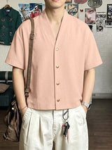 Men's Japanese Vintage Placid V-Neck Textured Cotton-Linen Boxy Cropped Short Sleeve Shirt SKUL69067