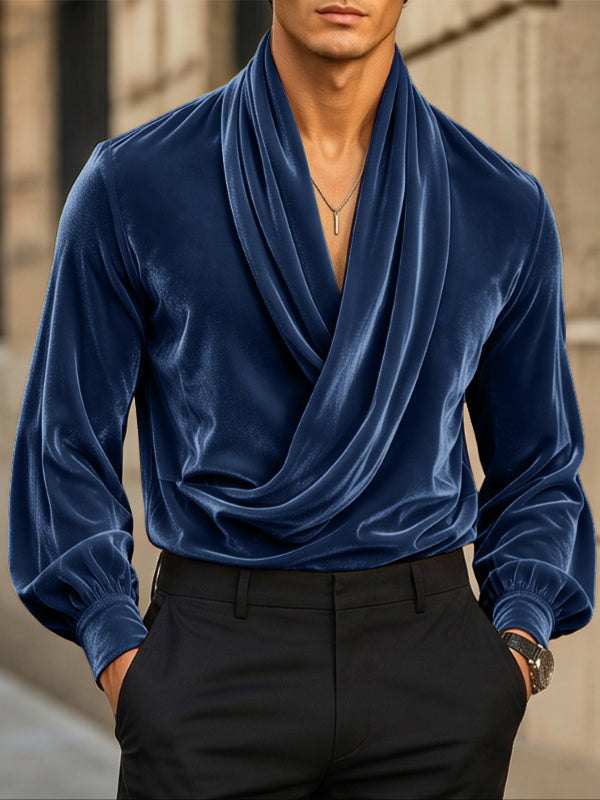 [Pre-order] Men's Victorian Vintage Evening Gala Velvet Draped Cowl Neck Lantern Sleeve Shirt SKUL88524