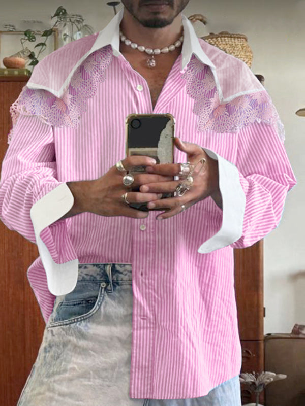 Men's Lace Trim Patchwork Striped Long Sleeve Shirt SKUL22820